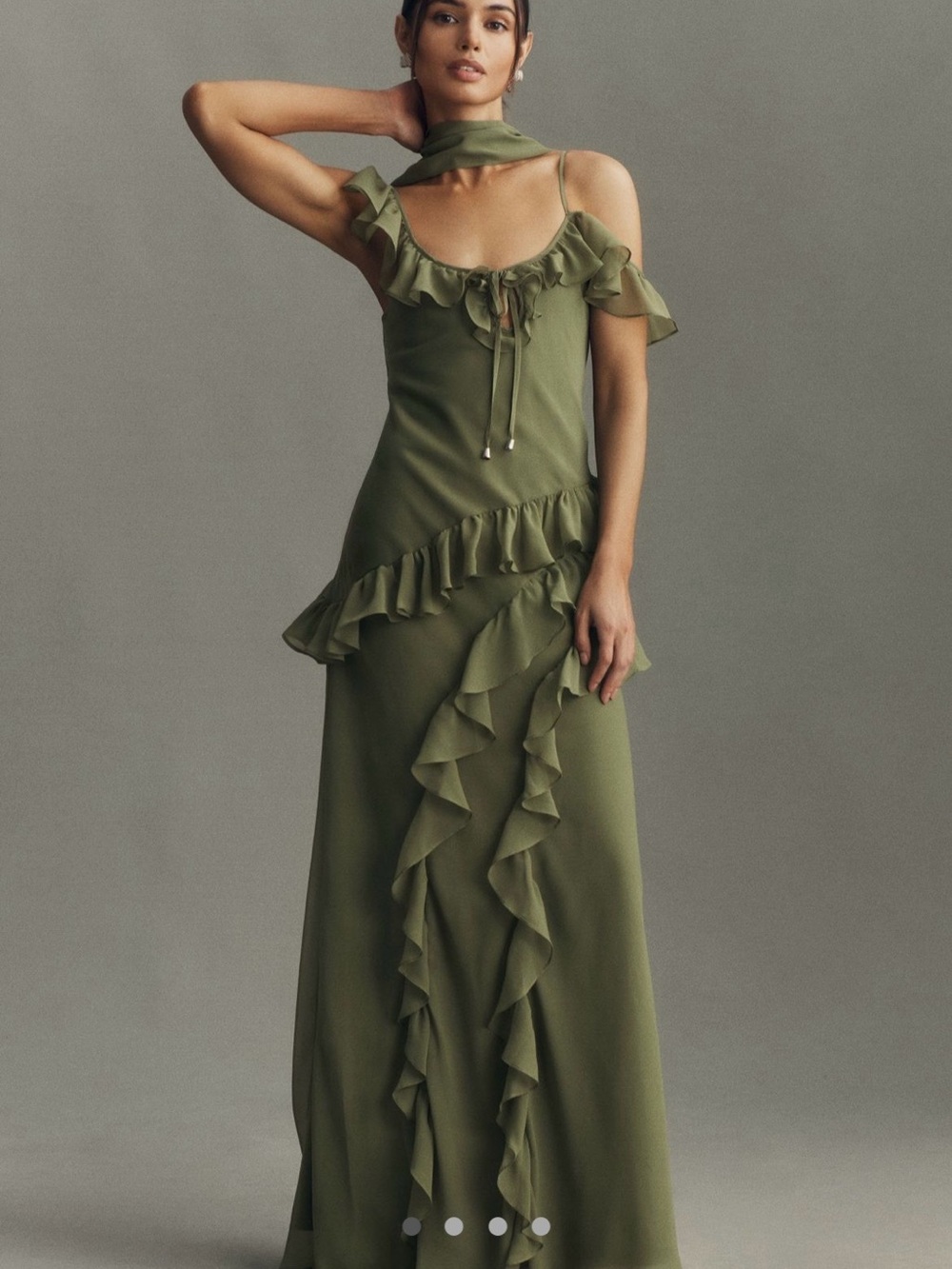 BHLDN Olive Ruffle Maxi Dress with Neck Scarf